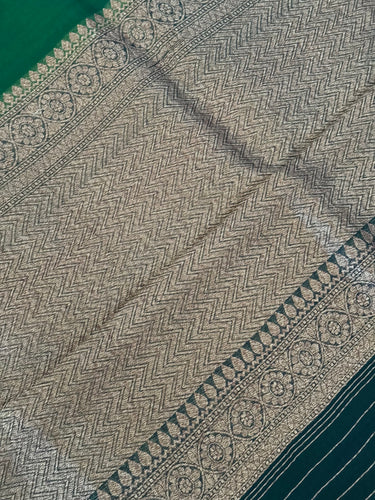 Sheer Lightweight Organza Silk Saree with Tussar Silk Border | Antique Zari | Shade of Forest Green | Handwoven | Ships from California